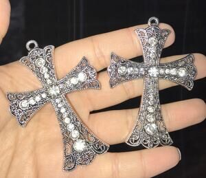 50 Pcs 2-7/8" Ornate Filigree Lace Silver Clear Rhinestone Crystal Cross Pendant